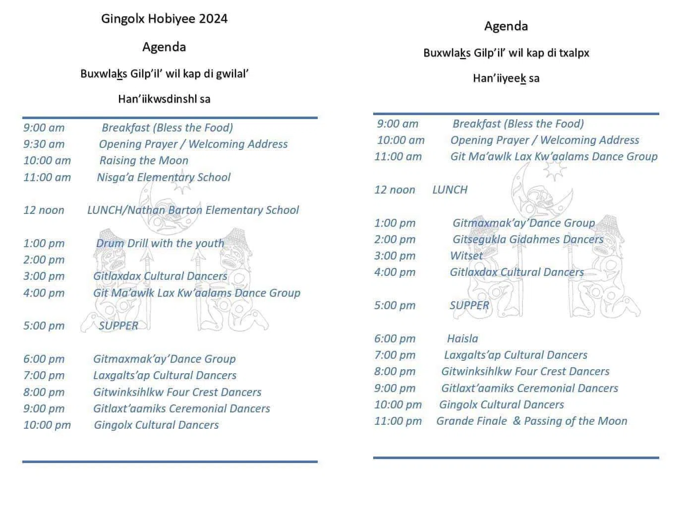 Hobiyee 2024 Gingolx, BC - schedule agenda
