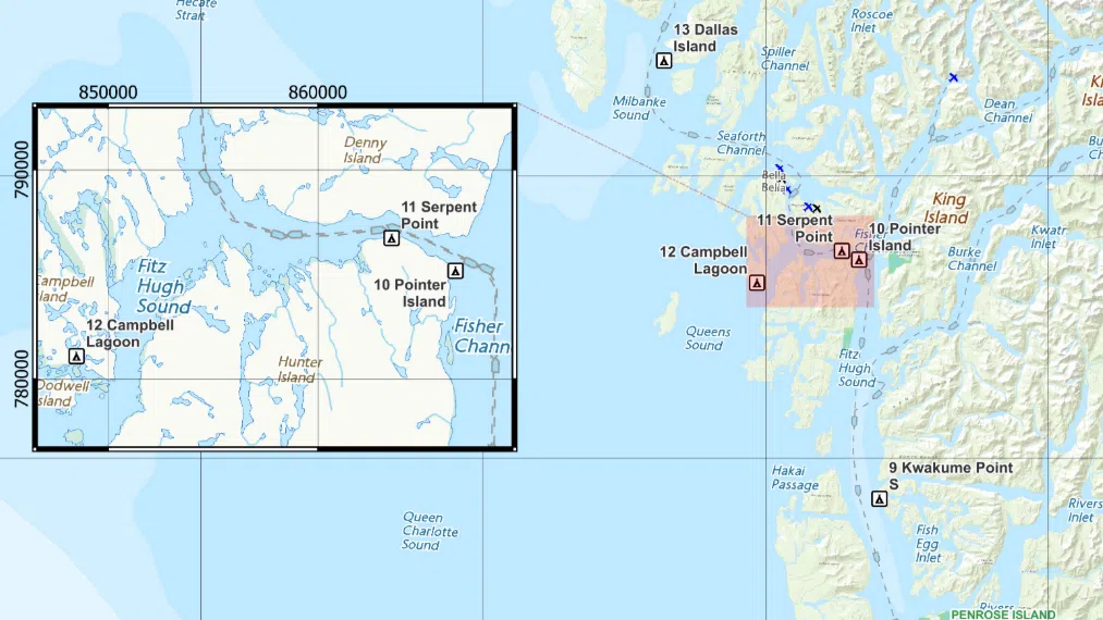 Screenshot of NOLS proposed camp sites near Bella Bella taken from the application portal // Courtesy: Province of British Columbia