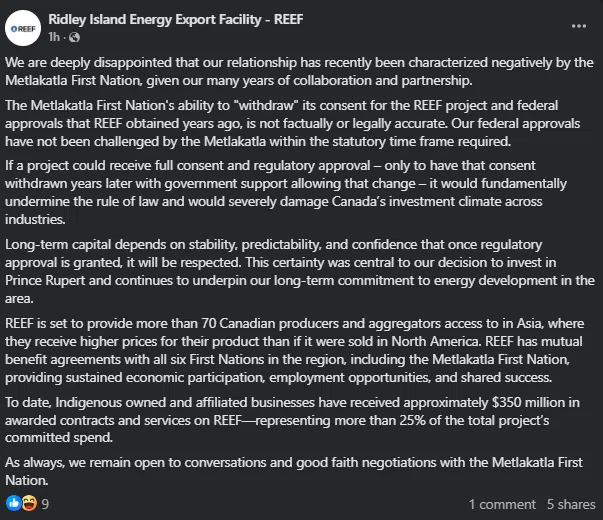 Screenshot of a Facebook post from an account representing the Ridley Island Energy Export Facility on February 4th, 2026 // Source: Ridley Island Energy Export Facility - REEF Facebook page