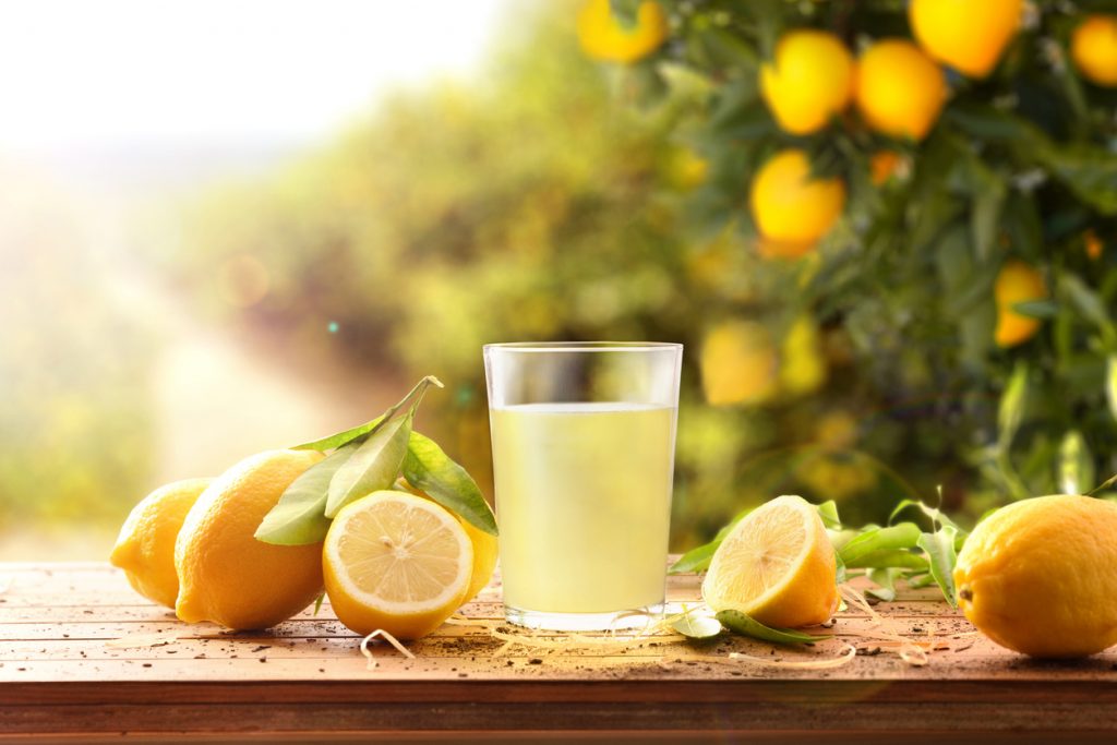 Freshly squeezed juice on table full of lemons in nature