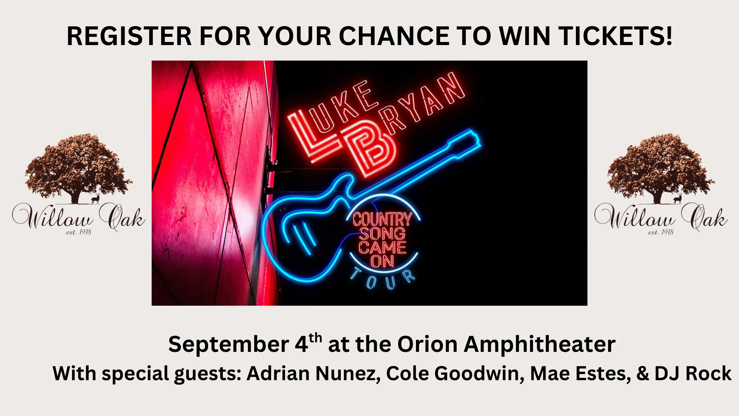Feature: https://wxfl.secondstreetapp.com/Willow-Oak-Lodge-Luke-Bryan-Giveaway/