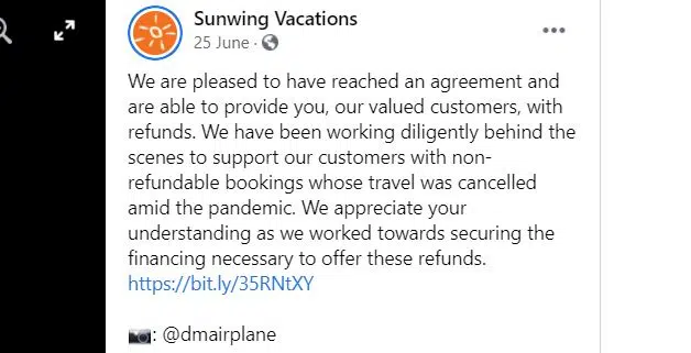 SunWing is giving refunds on vacations canceled due to COVID 19 - but there is a deadline!
