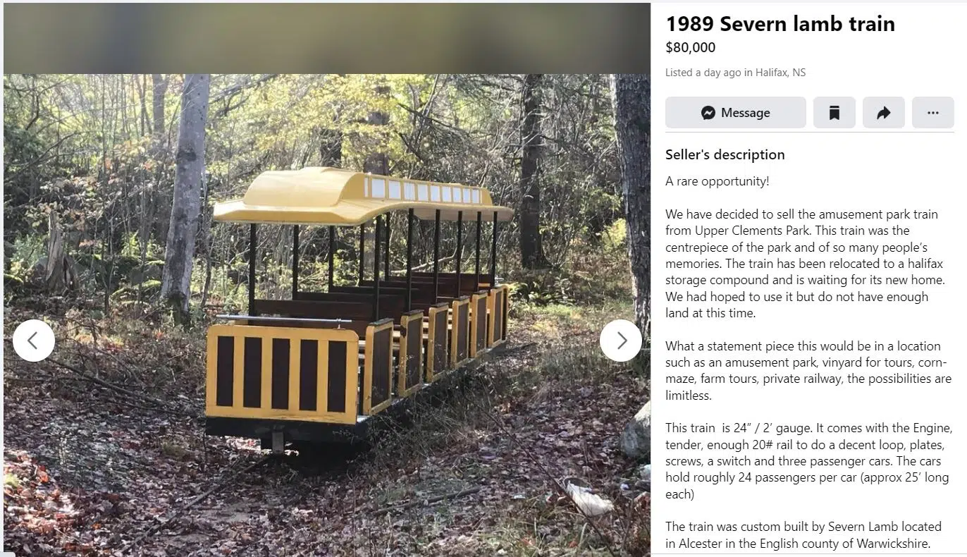 The Upper Clements Park train is for sale.....on Facebook Marketplace!