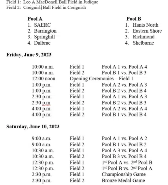 Division 2 Female Highschool Softball Provincials Schedule (June 9 & 10)