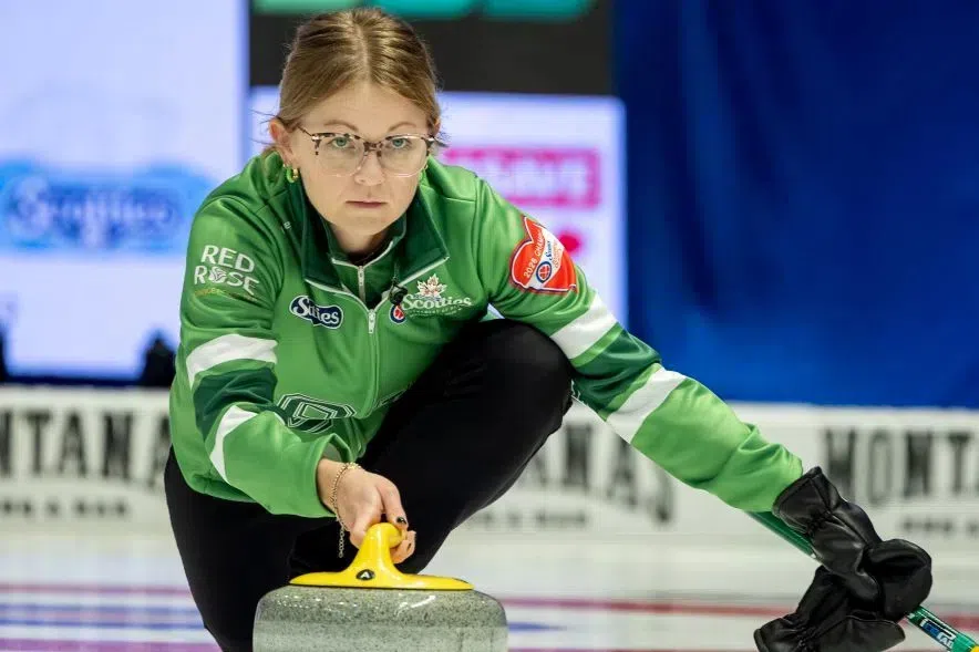 Team Sask . eliminated from Scotties playoff contention after 8 - 4 loss