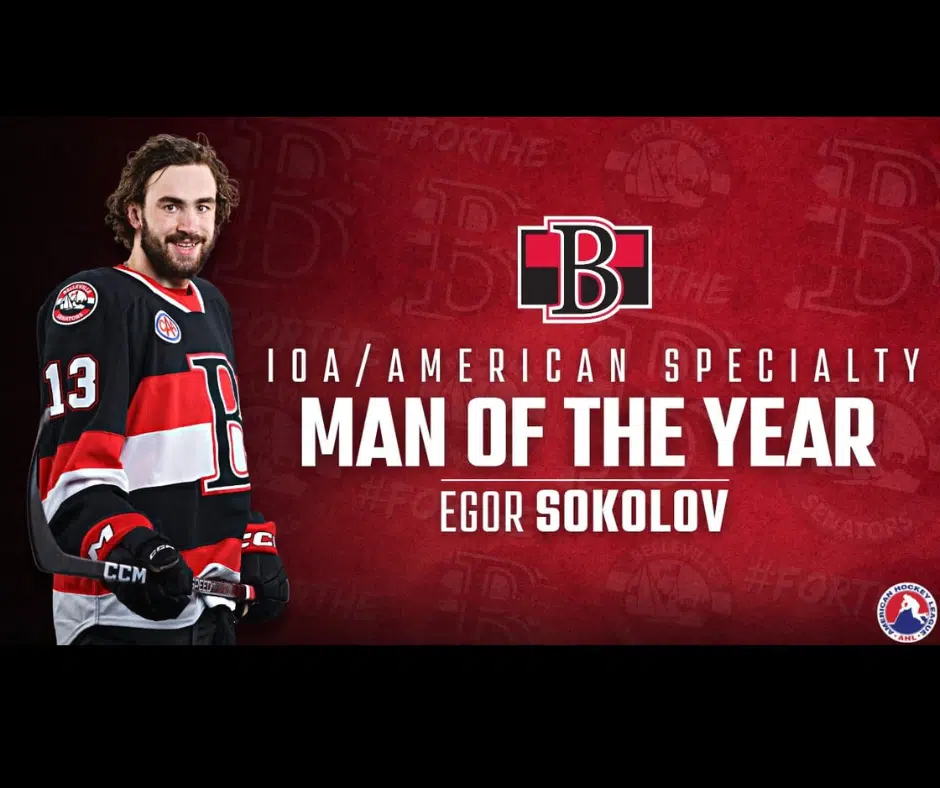 Egor Sokolov wins Belleville Senators Man of the Year Award