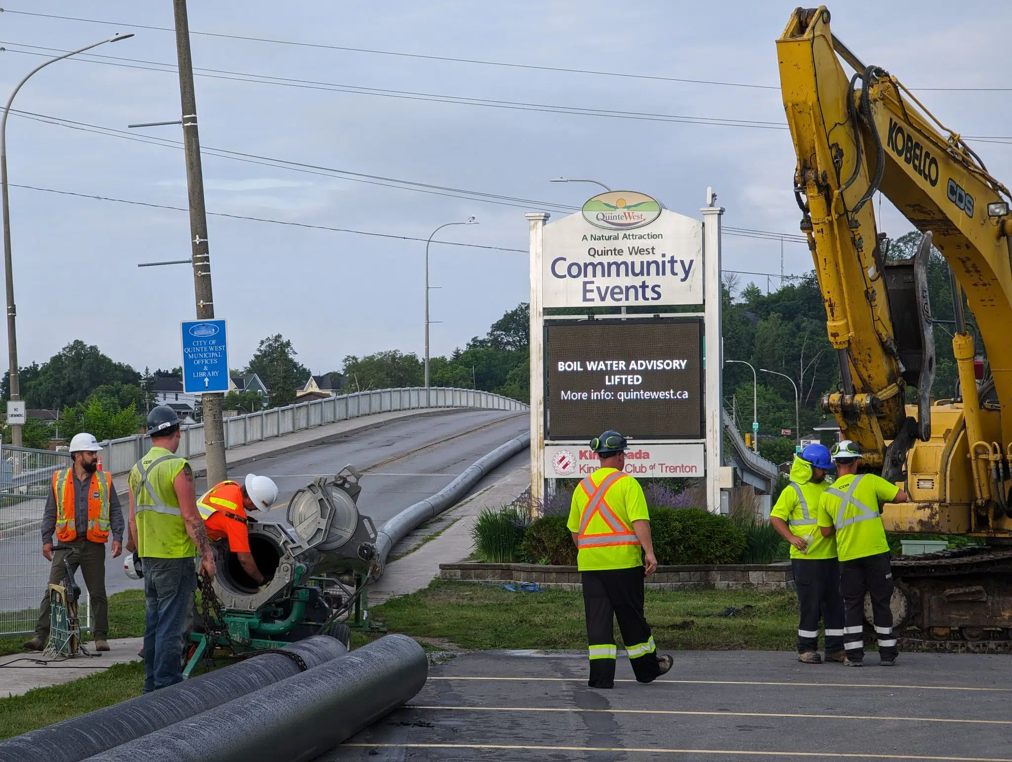Temporary water pipe on D.J MacDonald Bridge in Trenton