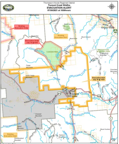District of Logan Lake on evacuation alert from Tremont Creek fire; Tunkwa Lake evacuated