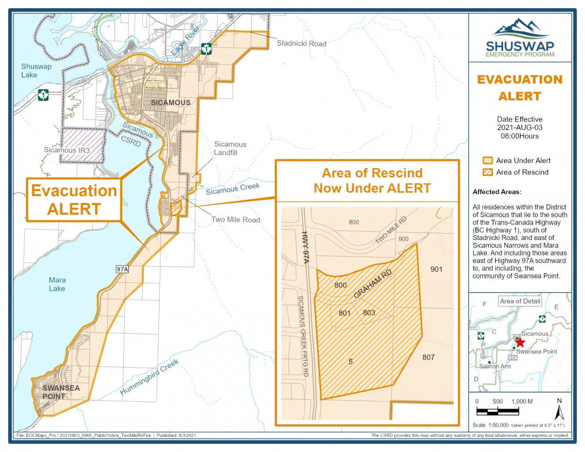 All evacuation orders in Sicamous rescinded; evacuation alert remains in place for most residents