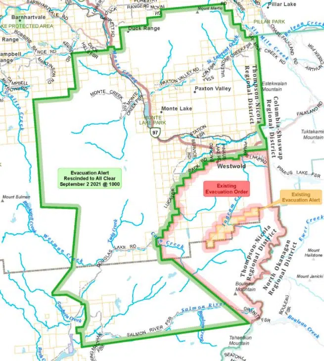 Evacuation alerts lifted for residents in Monte Lake, Paxton Valley, and Westwold