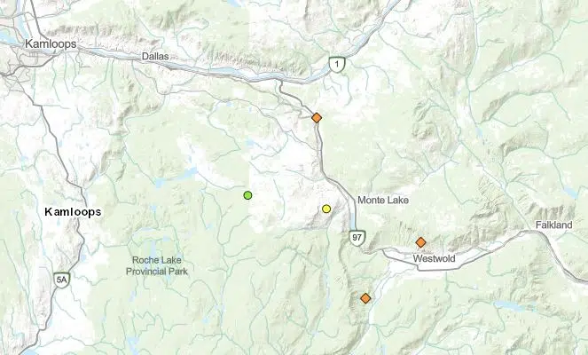 BC Wildfire Service responds to a number of suspected human-caused fires between Kamloops and Falkland