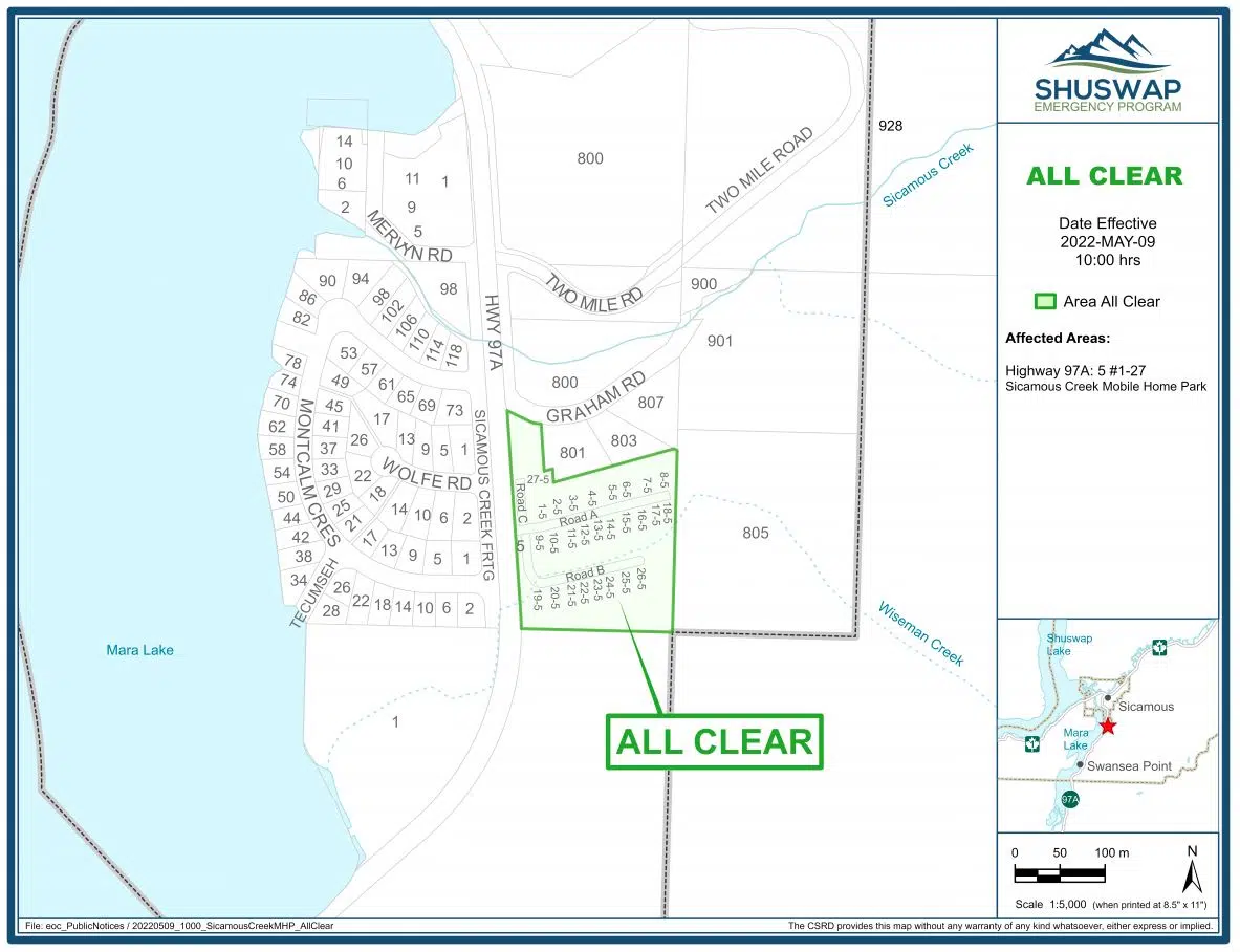 Evacuation alert for Sicamous Creek Mobile Home Park lifted