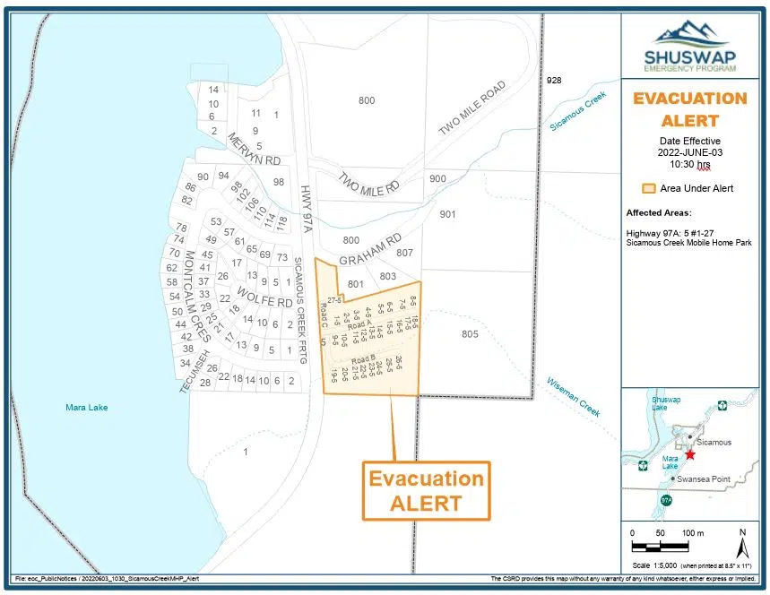 Evacuation alert issued for 27 homes in Sicamous Creek Mobile Home Park due to threat of landslide