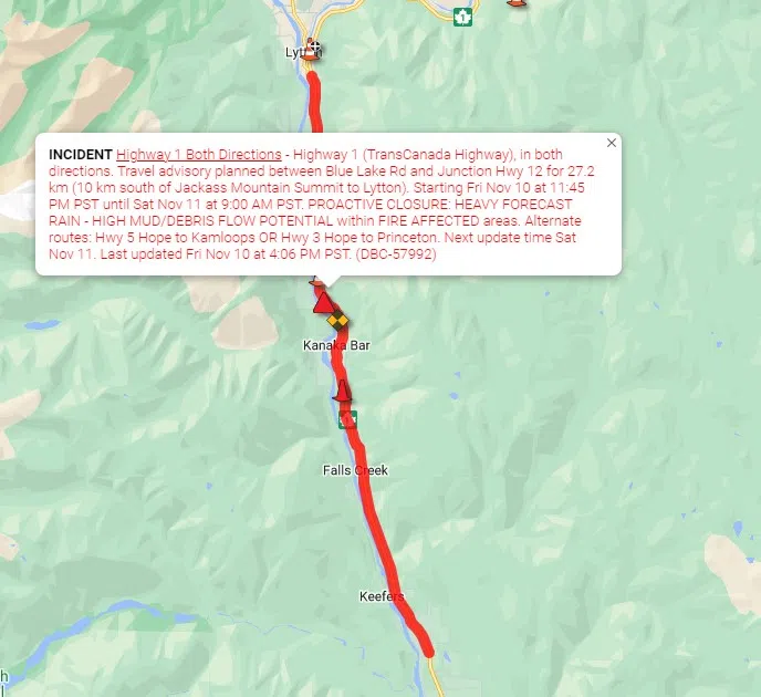 Highway 1 through Fraser Canyon to be closed overnight due to risk of mudslides