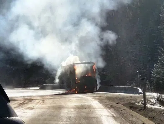 Highway 97C shut after truck with chemicals catches fire near West Kelowna