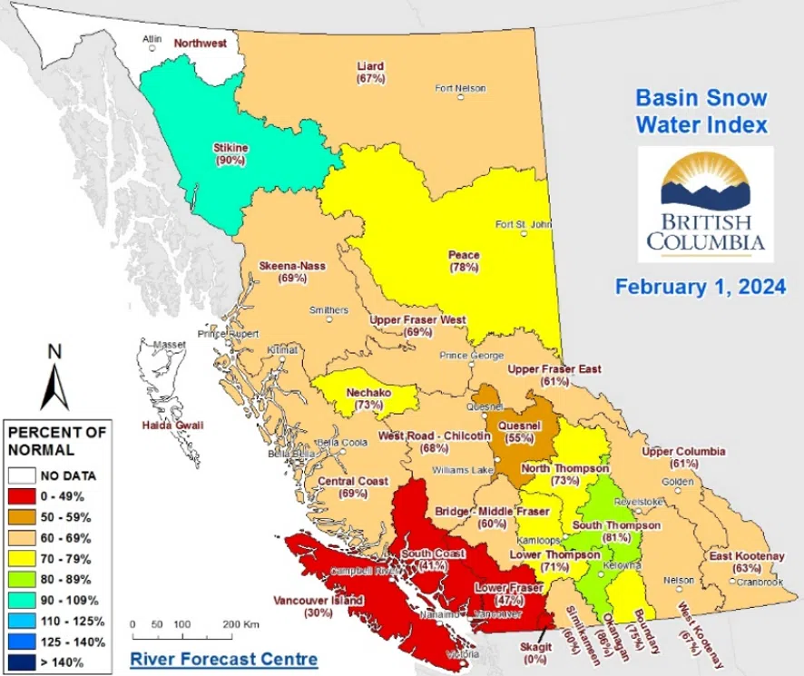 Kamloops-area snowpack moves closer to normal, but B.C. average still well below