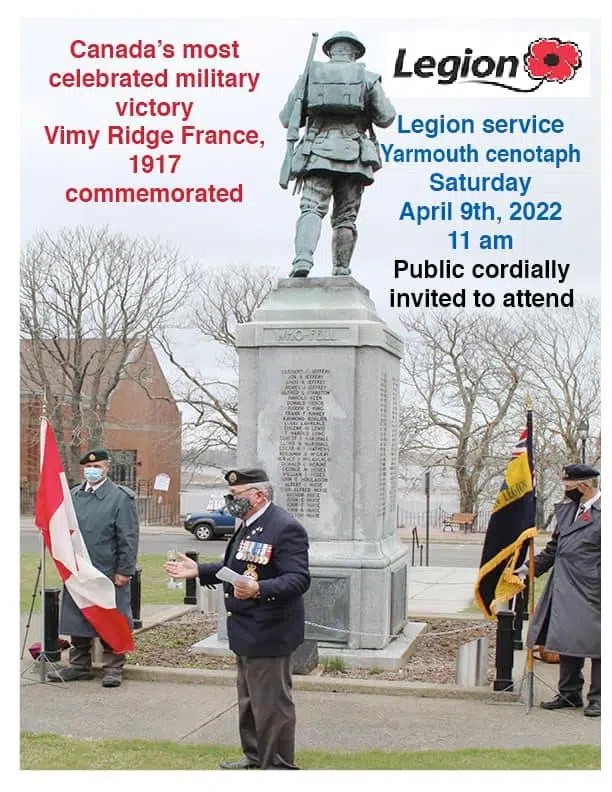 Ceremony To Remember Vimy Ridge Tomorrow In Yarmouth