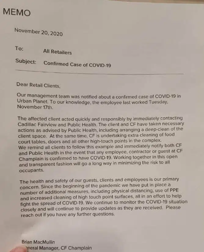 Another Employee At CF Champlain Reportedly Tests Positive For COVID-19
