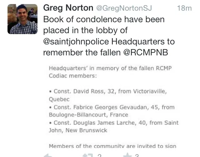 Condolence Books Set Up in SJ, Fredericton and Moncton