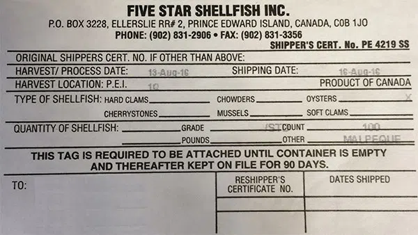 CFIA Recalls Five Star Shellfish Oysters Harvested In PEI