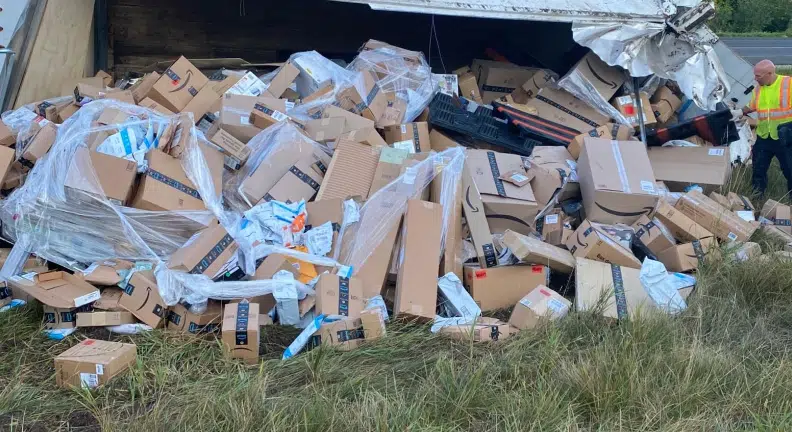 Semi Filled with Amazon Packages Tips in Manitowoc County