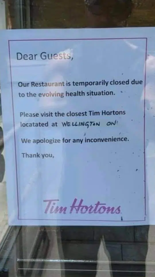 UPDATE: Public health unit confirms low risk COVID-19 exposure at Picton Tim Hortons