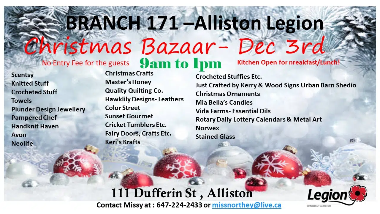 Alliston Legion to host a Christmas Bazaar!