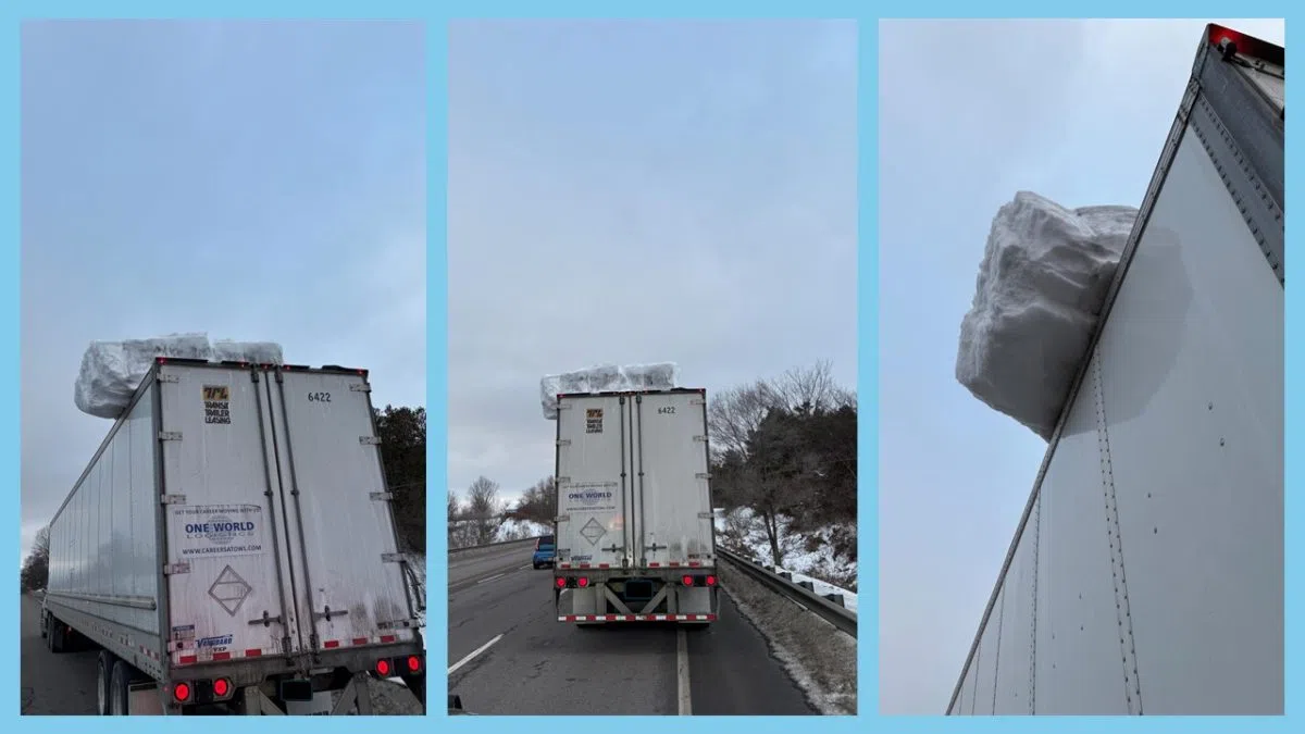 Transport truck driver charged after OPP spot giant pile of snow on trailer