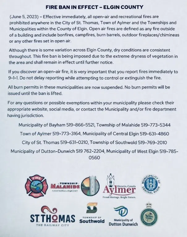 Local partners issue joint burn ban across St. Thomas and Elgin County