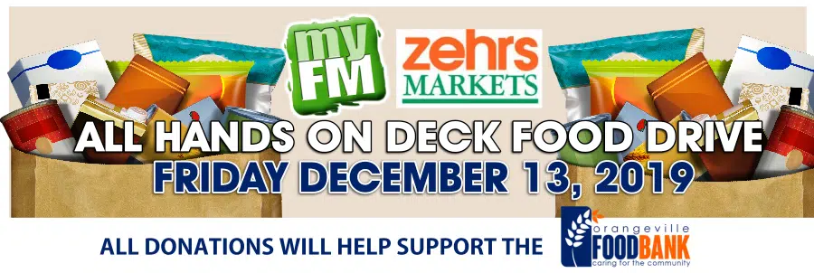 101.5 myFM & Zehrs All Hands On Deck Food Drive collecting donations today for Orangeville Food Bank