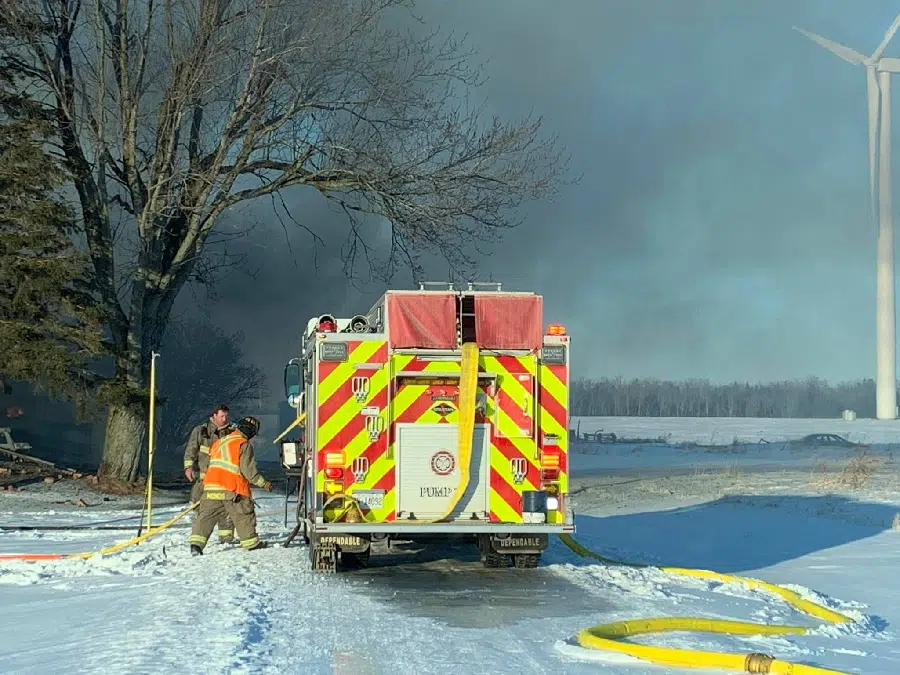 Mulmur/Melancthon Fire Department battle structure fire on 4th Line Melancthon, road closures in effect