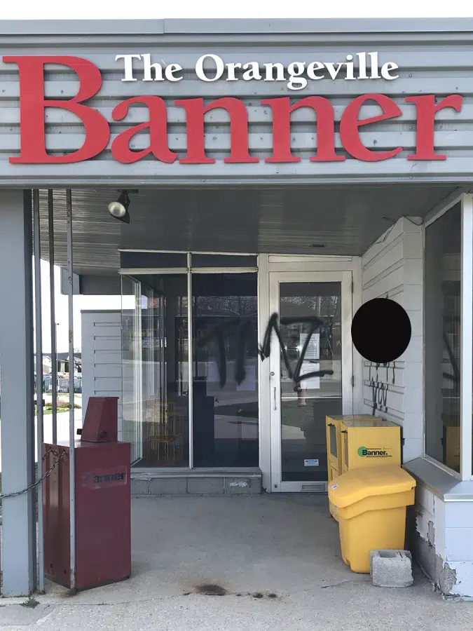 Orangeville Banner building tagged with graffiti