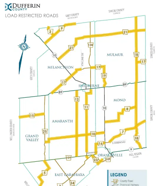 Reduced Load Restrictions on Dufferin County Roads FM101 Orangeville