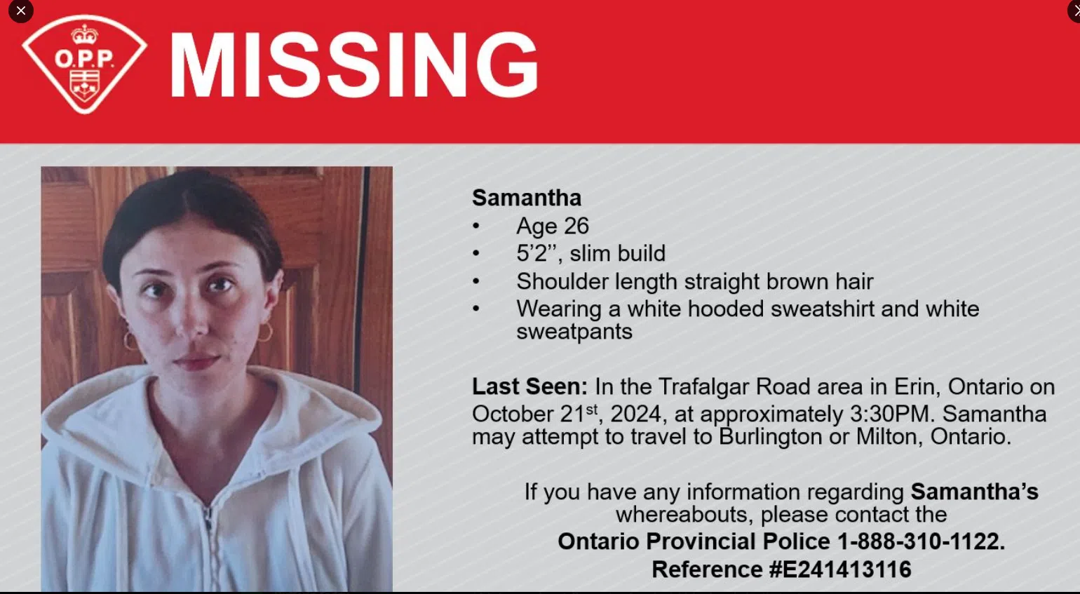 FOUND SAFE  ---    26 year old female missing from Erin