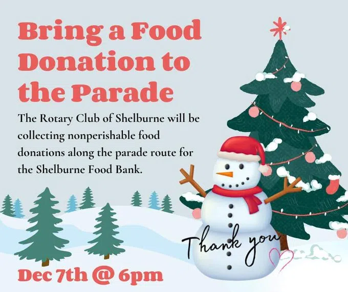 Rotary Club of Shelburne collecting non-perishable food items during Santa Claus Parade this coming Saturday (December 7th)