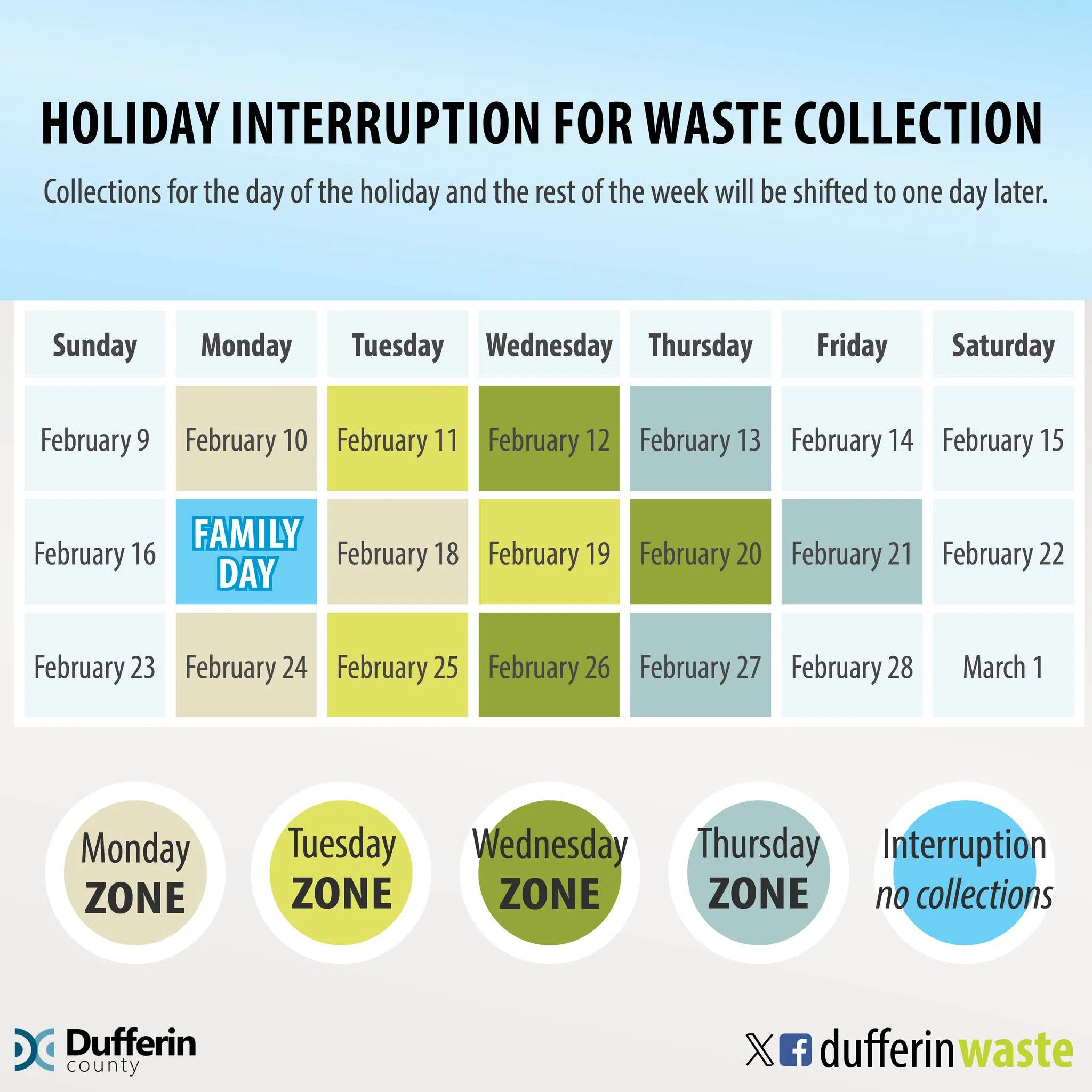 No waste collection Monday, February 17 due to Family Day holiday