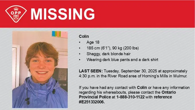 Dufferin OPP seeking assistance locating 18 year old Colin UPDATE: (Colin has been located safe)