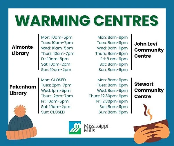 Mississippi Mills opens four warming centres in advance of anticipated chill