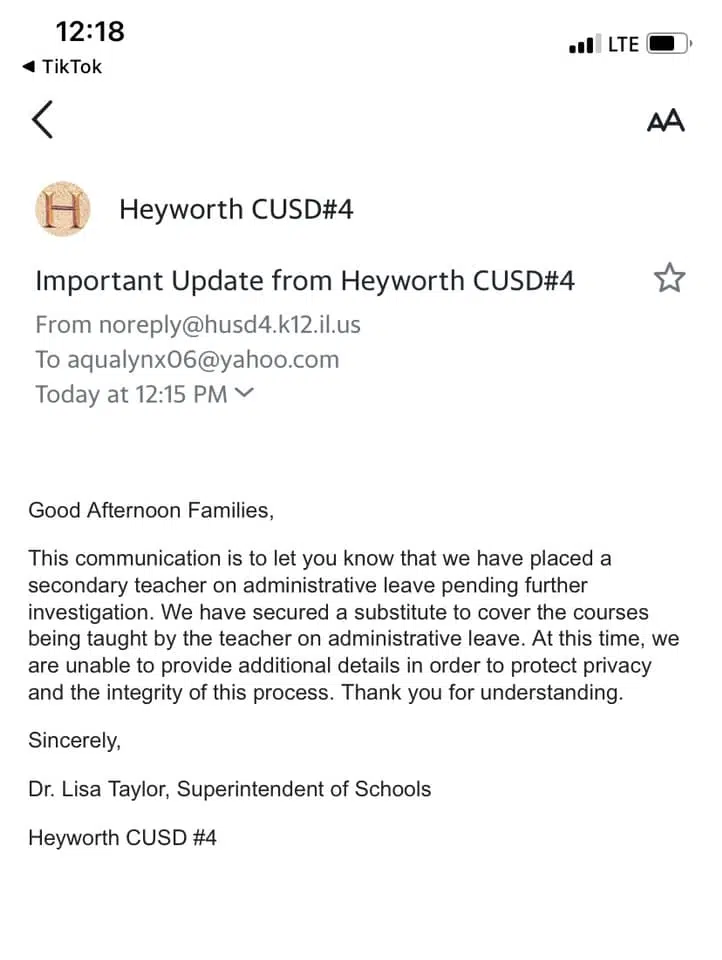 Heyworth School District Places Secondary Teacher on Leave