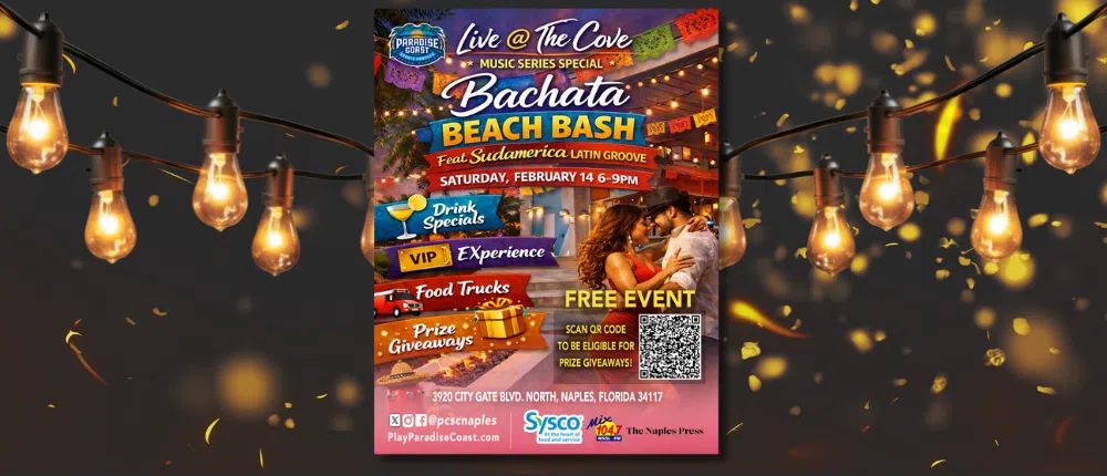 Feature: https://playparadisecoast.com/event/bachata-beach-bash-live-music-event-with-sudamerica-latin-groove/