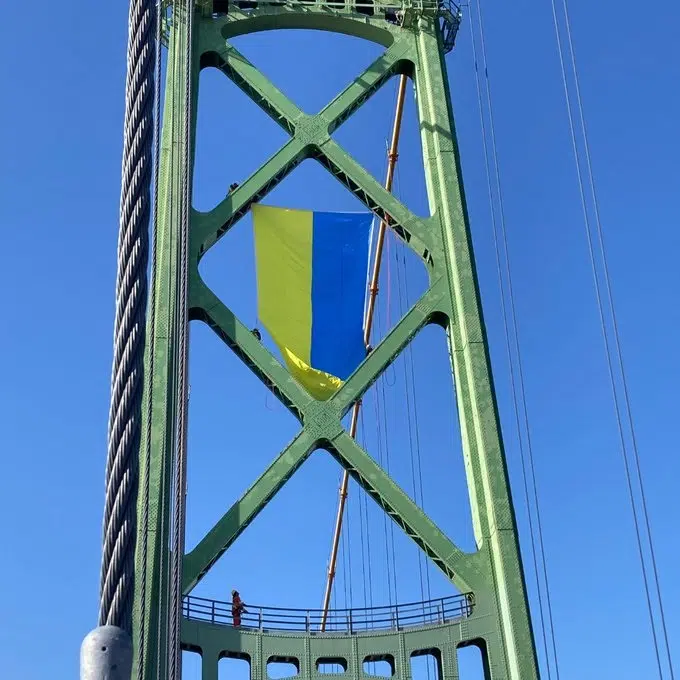 Macdonald Bridge flying flag in support of Ukraine
