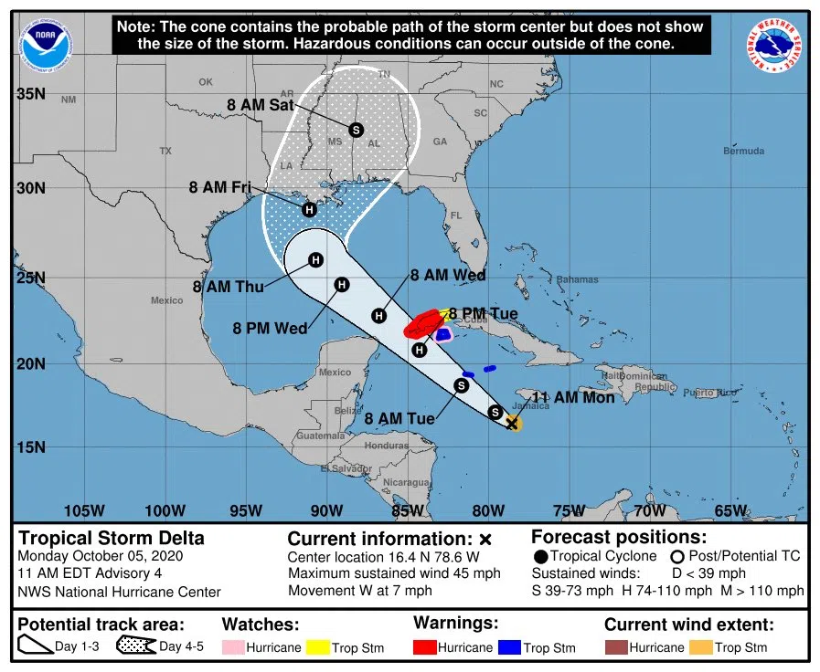 TS Delta currently expect to strengthen before Louisiana landfall as a Cat 1 on Friday morning