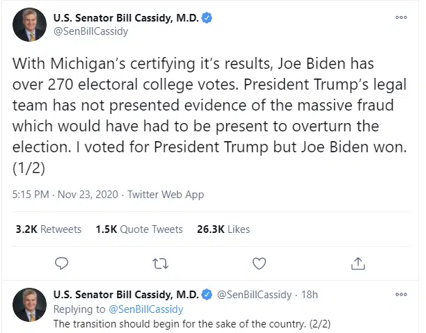 Sen. Cassidy tweets acknowledgement of Biden win