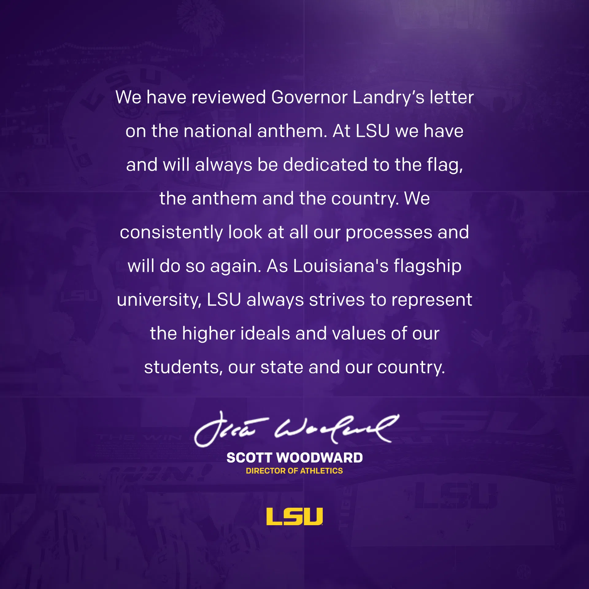 LSU AD Scott Woodward responds to Governor Landry's push for national anthem participation by college teams