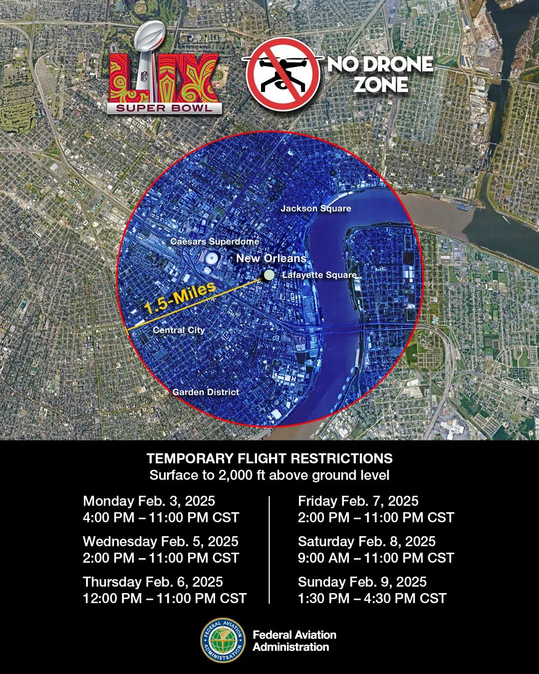 FAA sets "NO Drone Zone" from Superdome for Super Bowl LIX