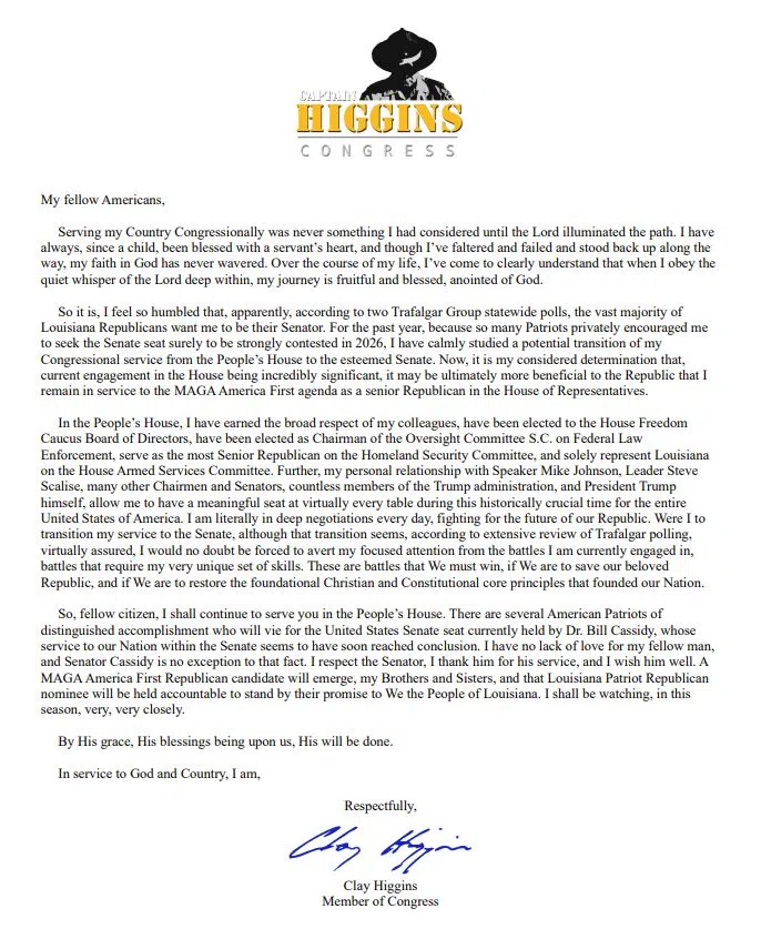 Congressman Clay Higgins' letter announcing he will not run for U.S. Senate in 2026