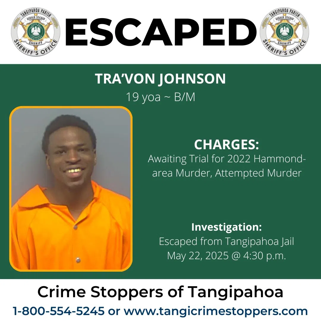 A Tangipahoa Parish inmate suspected of murder flees the jail for a second time; captured on Friday night