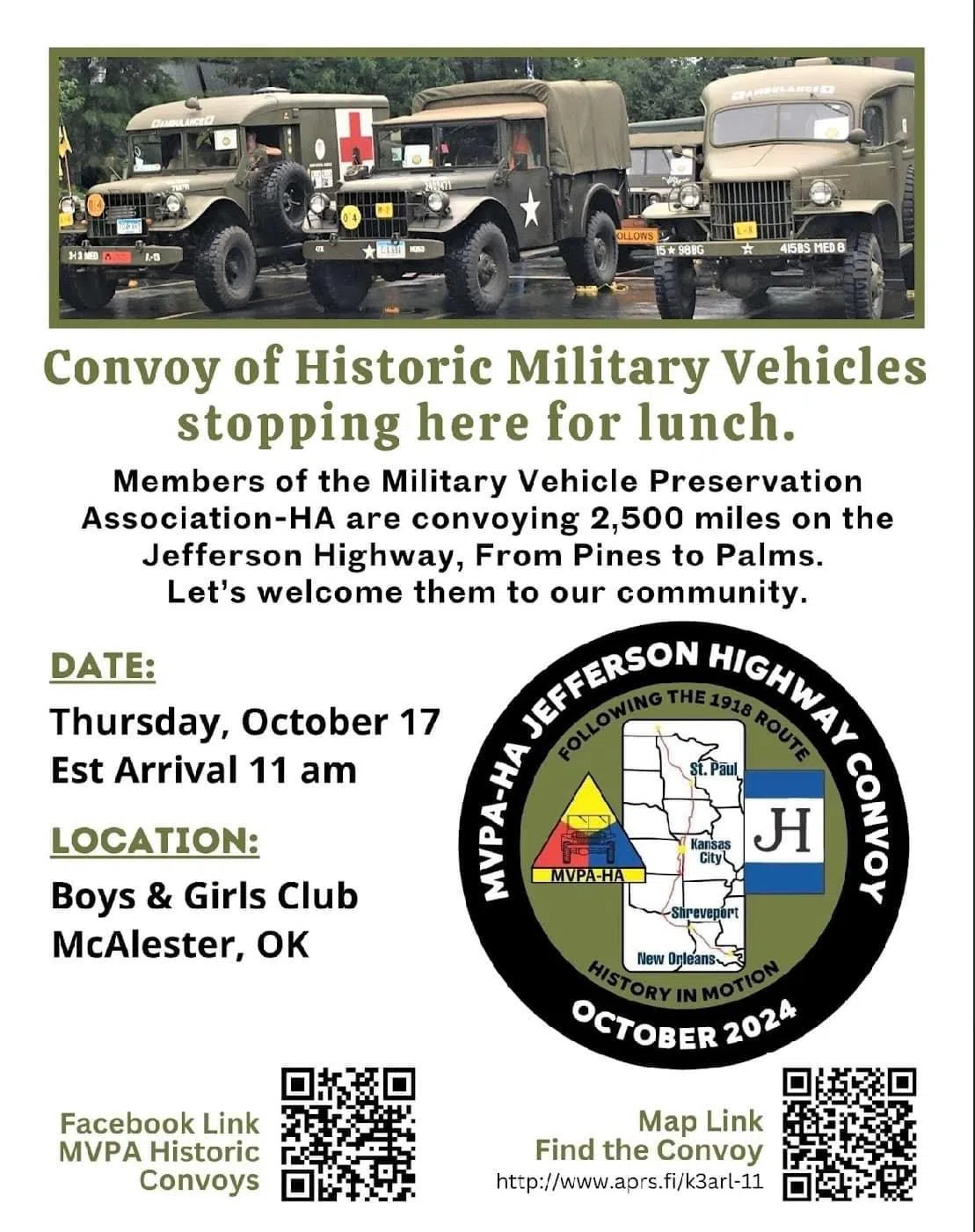 MVPA-HA Convoy Making McAlester Stop Thursday