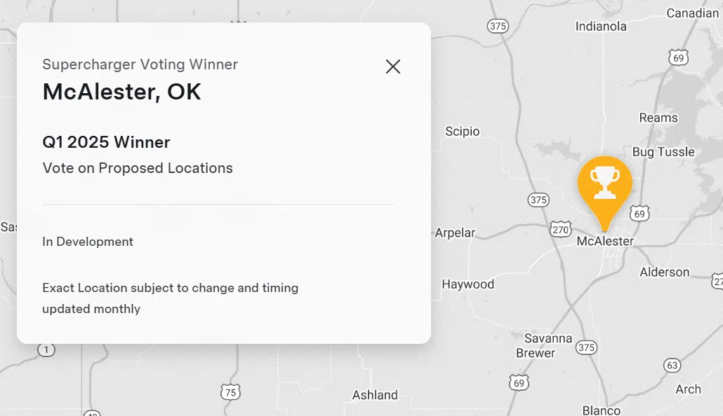 McAlester wins vote for Tesla Supercharger location