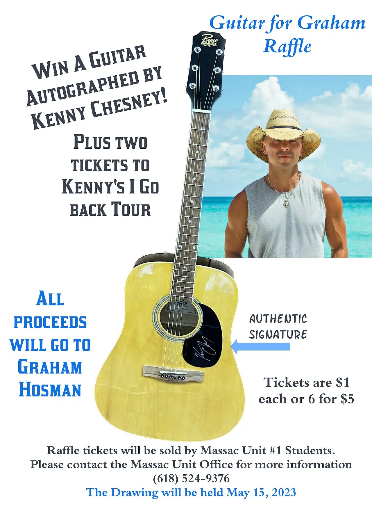 Drawing for Signed Kenny Chesney Guitar and Concert Tickets Raffle to Benefit Graham Hosman is Monday